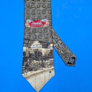 Vintage Coca-Cola Silk‎ Tie Olive Green Soda Fountain Advertising Americana 5¢